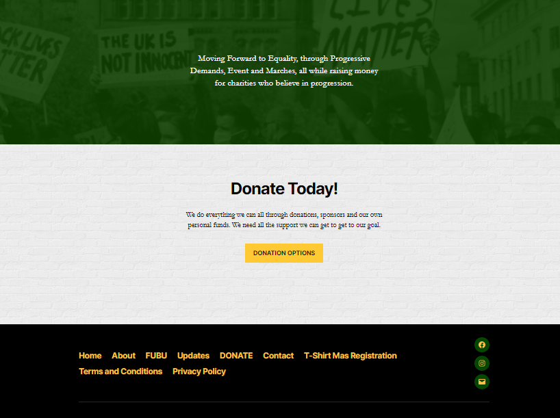 forward through progress website screenshot, with donation call of action and footer