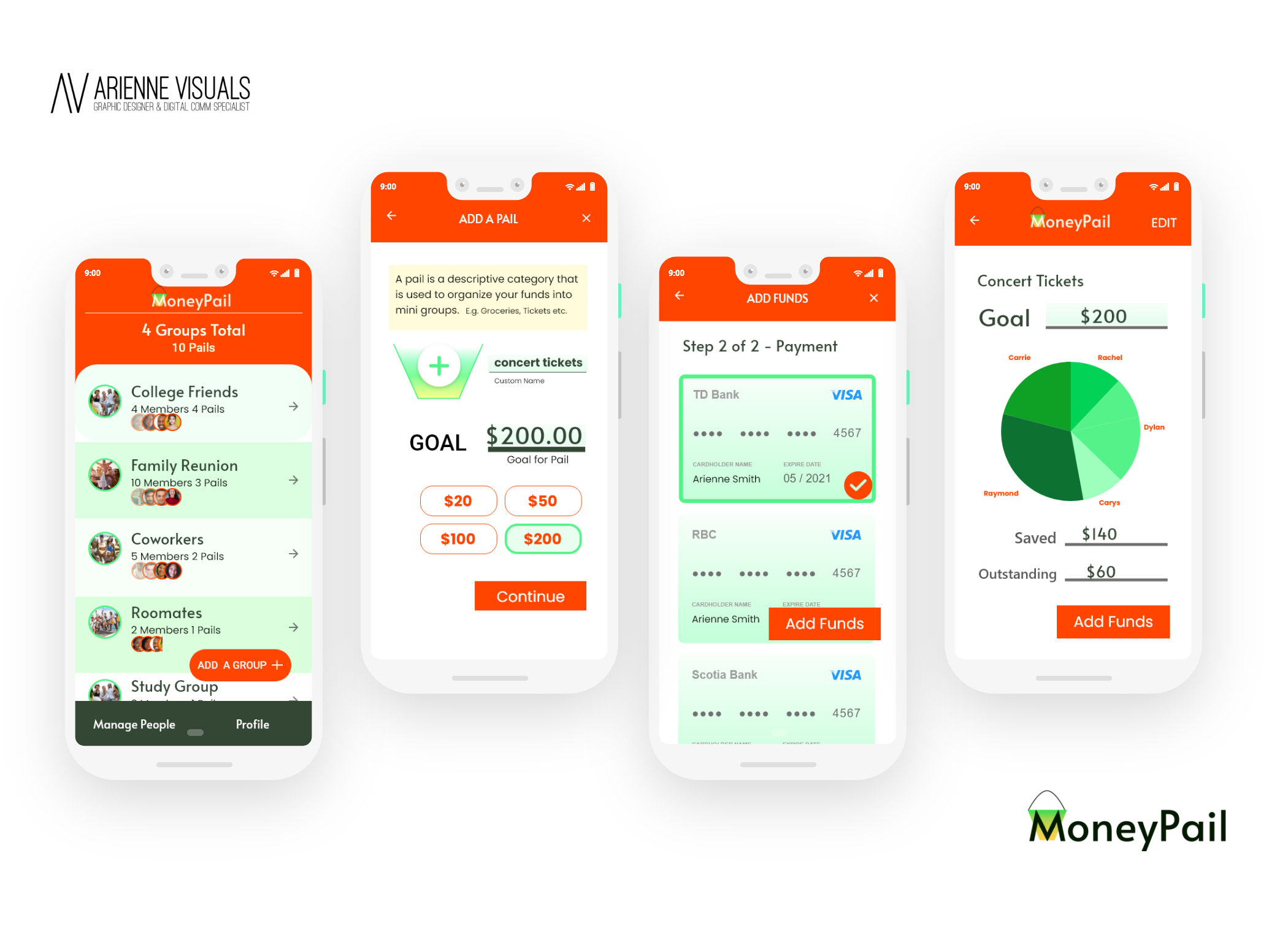 money pail app screens: displaying setting saving goals and selecting payment